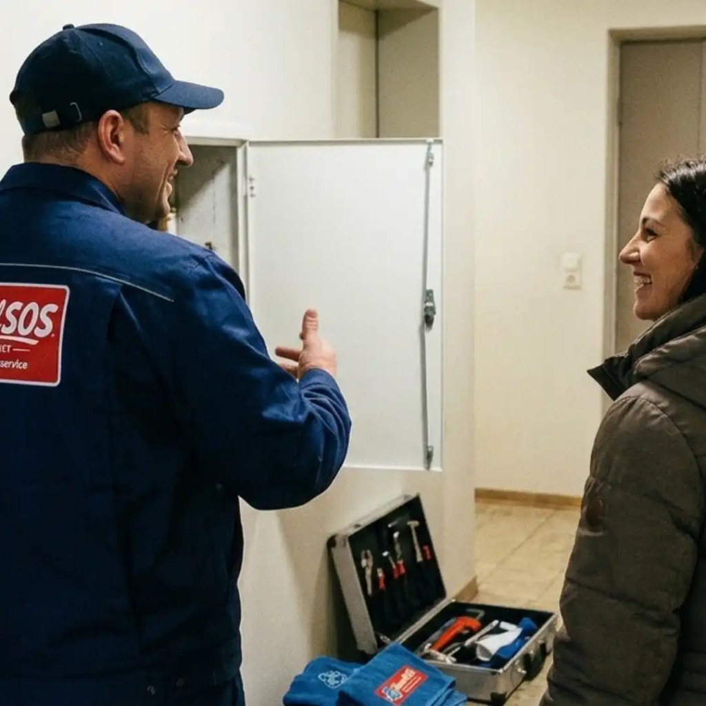 Kanal-SOS Techniker im Gespräch mit einer Kundin beim Notdienst-Einsatz.