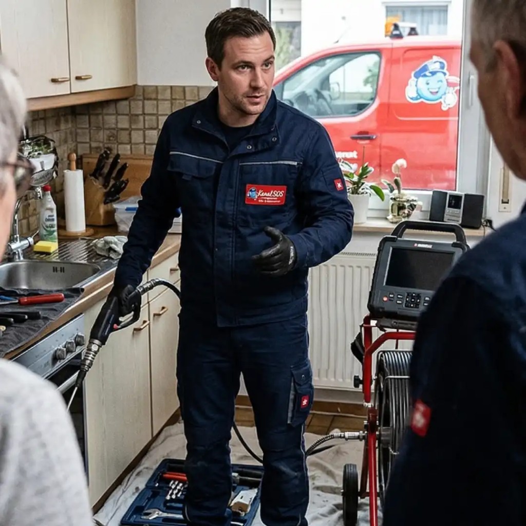 Kanal-SOS Techniker bei einer Rohrreinigung in einer Küche.