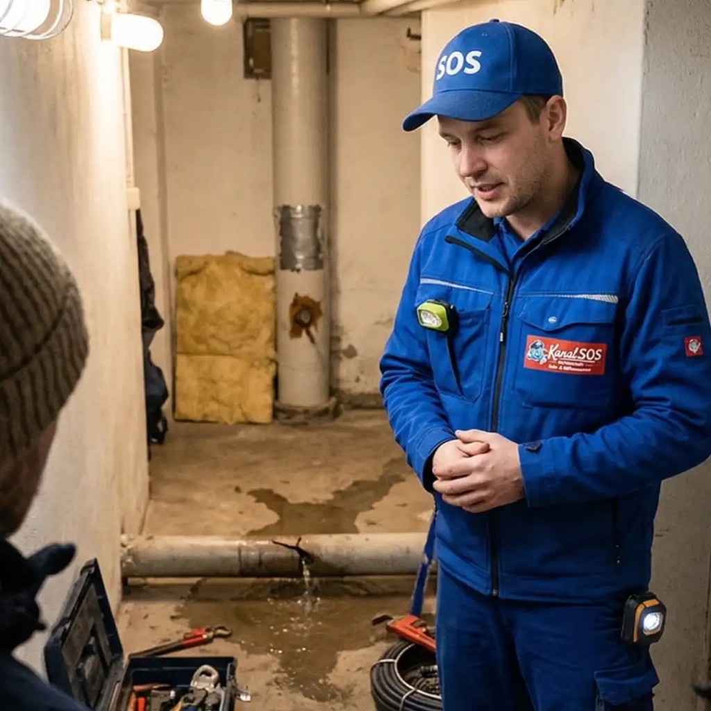 Kanal-SOS Techniker bei einem Rohrbruch-Einsatz im Keller.