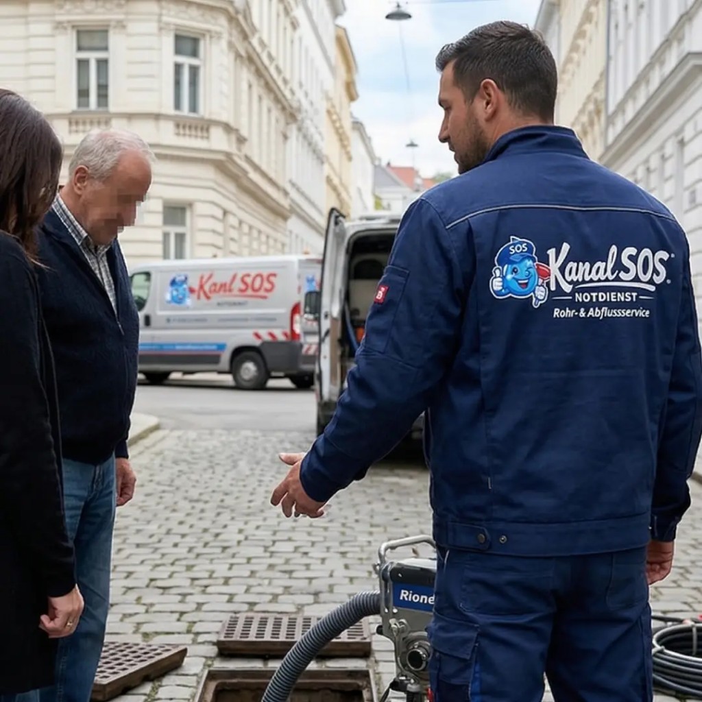 Kanal-SOS Techniker bei einer Kanalreinigung im Außeneinsatz.