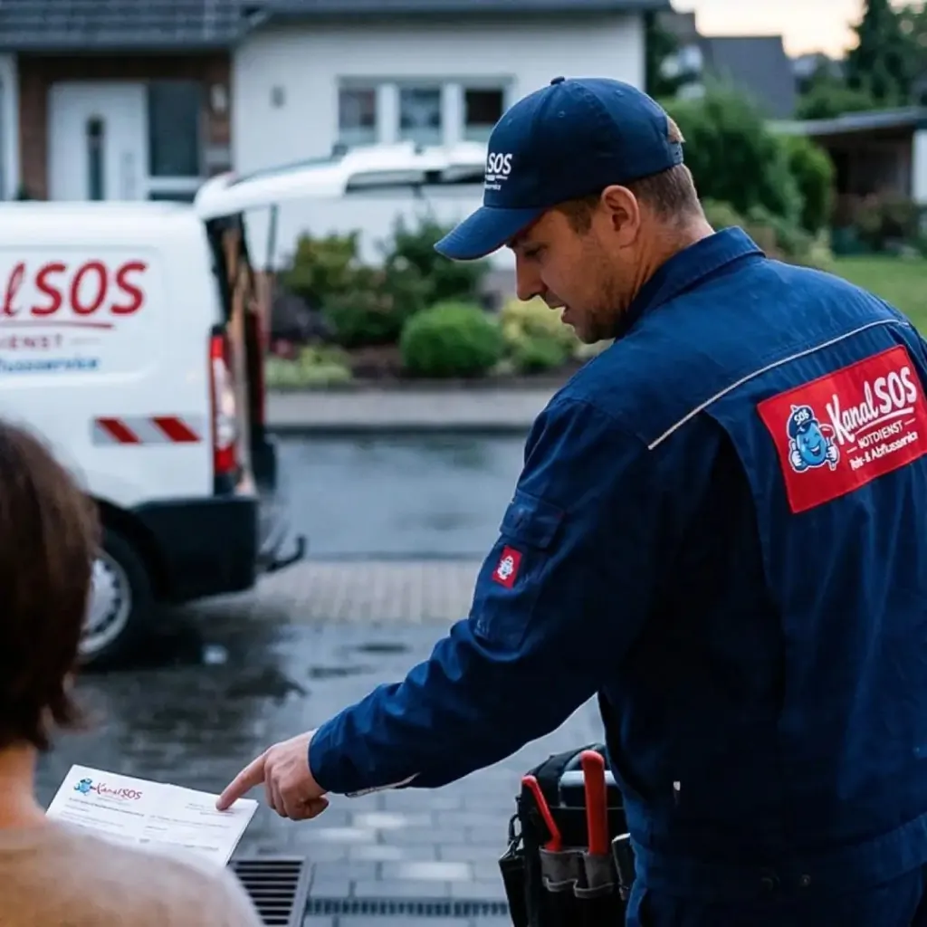 Kanal-SOS Techniker bei einem Vor-Ort-Termin für Rohr- und Abflussservice.